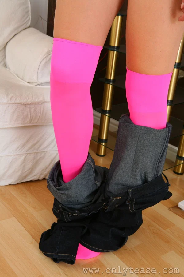 Pretty strawberry blonde Joceline gets naked in pink over the knee socks  - Socks, Jeans, Tiny Tits, Undressing, Clothed, Panties, Blonde, Babe, Close Up, Ass  - Photo 11