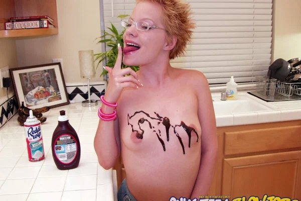 Naughty redhead Emily Davinci goes topless & indulges in a food play solo  - Short Hair, Glasses, Redhead, Beautiful, Skirt, Teen, Clothed, Kitchen, Tiny Tits, Ass  - Photo 18