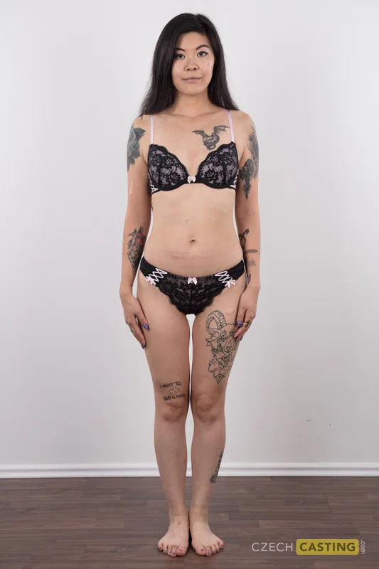 Tattooed Asian girl Irina stands fully clothed and then butt naked as well  - Casting, Czech, Amateur, Tattoo, Face, Tiny Tits, Babe, Nipples, PAWG, Panties  - Photo 6