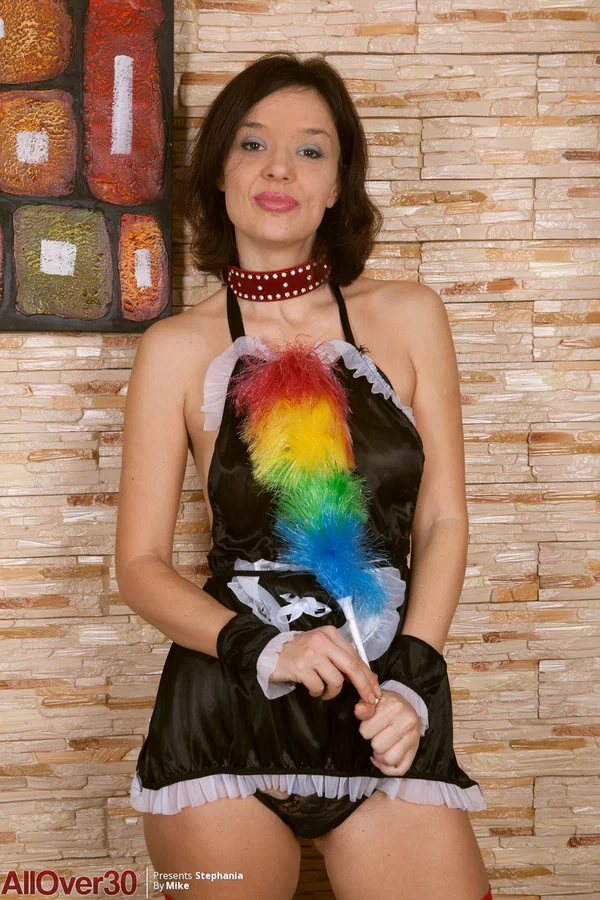 30 plus female Stephania peels off French maid outfit to pose totally naked  - Maid, Panties, Spreading, Hairy, Uniform, Stockings, Brunette, Pussy, Legs, PAWG  - Photo 4