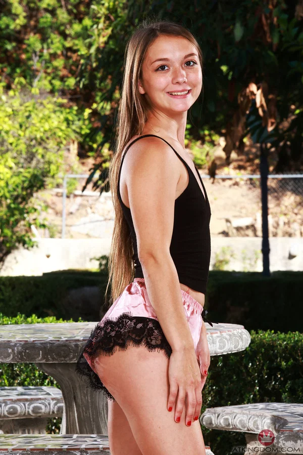 Pretty teen Mira Monroe gets totally naked on a patio near a stone fountain  - Petite, Beautiful, Cute, Babe, Skinny, Sexy, Solo, Teen, Amateur, Brunette  - Photo 2