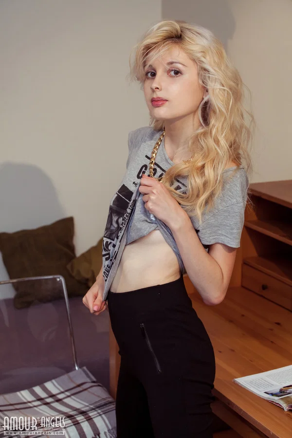 Tiny titted blonde Angelik peels off her clothes to spread naked at her desk  - Skinny, Teen, Blonde, Nipples, Pussy, Shaved, Spreading, Clothed, Babe, Tiny Tits  - Photo 2