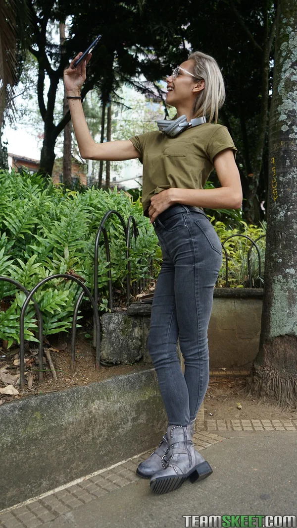 Veronica Leal posing all over her hood in green shirt and tight jeans  - Skinny, Teen, Latina, Jeans, Outdoor, Glasses, Clothed, Boots, Cute, Non Nude  - Photo 9