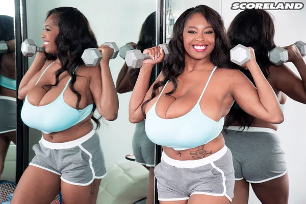 Black girl Rachel Raxxx gets totally naked after working out in a mirror  - Sports, Big Tits, Ebony, Natural Tits, Curvy, Saggy Tits, Chubby, Thick, BBW, African  - Photo 1