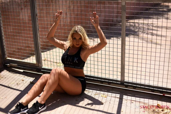 Hot blonde female Stacey Robyn removes her big tits from sports bra outside  - Shorts, Outdoor, Clothed, Big Tits, Ass, Blonde, Fake Tits, Teen, Panties, Glamour  - Photo 6