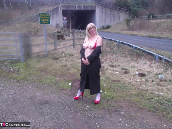 Older amateur Barby Slut exposes herself while crossing a footbridge  - Mature, Glasses, Amateur, Outdoor, Stockings, High Heels, Blonde, British, Legs, European  - Photo 9