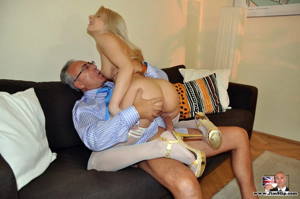 Young blonde gets dressed in sexy stockings before fucking an old man  - European, Stockings, Teen, Hardcore, High Heels, Old Man, Spreading, Ass Fucking, Legs, Jeans  - Photo 11