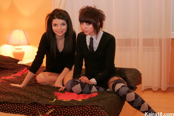 Kaira 18 gets naked after kissing a lesbian student on a bed  - Emo, Teen, Socks, Czech, Lesbian, Clothed, Skinny, Kissing, Tiny Tits, Panties  - Photo 3