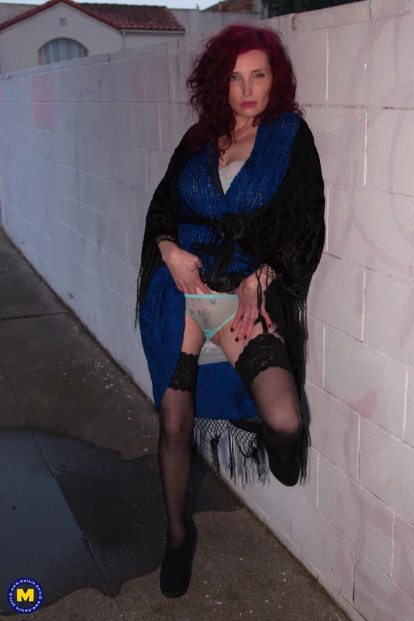 Mature lady with red hair Zinnia Blue masturbates in black stockings  - Mature, Redhead, Amateur, Public, Stockings, Spreading, Pussy, Big Tits, European, Legs  - Photo 16