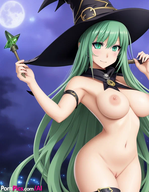 Green-haired Hentai witch Arazaka showing her big boobs outside  - Hentai, Big Tits, Pussy, Outdoor  - Photo 3