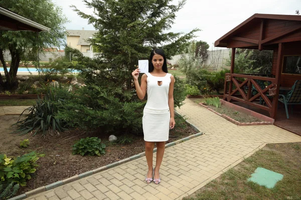 Dark-haired teen gets totally naked while in a backyard setting  - Public, Shaved, Amateur, Outdoor, Babe, High Heels, Tiny Tits, Teen, Ass, Skinny  - Photo 3