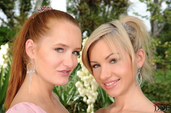 Lesbians Sasha Rose and Denisa Heaven have sex on a couch in the garden  - Lesbian, Outdoor, Blonde, Panties, Pussy Licking, Tiny Tits, Reality, Spreading, Ass, Pussy  - Photo 1