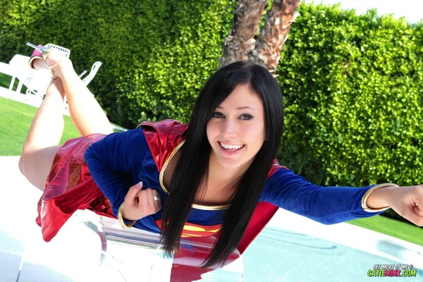 Brunette cosplay girl Catie Minx strips Superman costume by the pool  - Cosplay, Panties, Teen, Amateur, Brunette, Outdoor, Babe, Ass, Pool, Clothed  - Photo 2