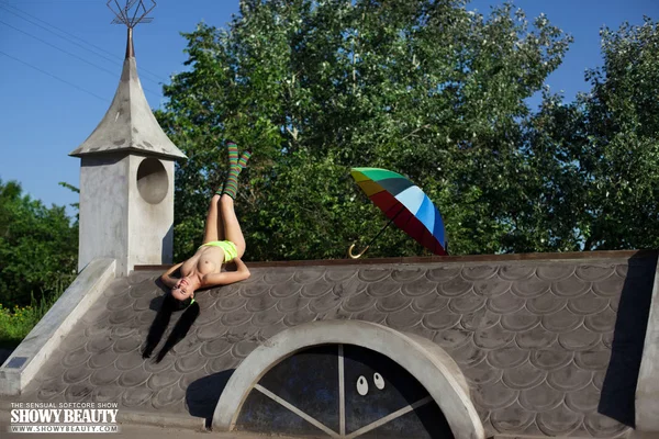 Brunette teen Mirella holds an umbrella while going nude on a rooftop  - Socks, Outdoor, Big Tits, Teen, Pigtails, Panties, Spreading, Pussy, Ass, Beautiful  - Photo 20