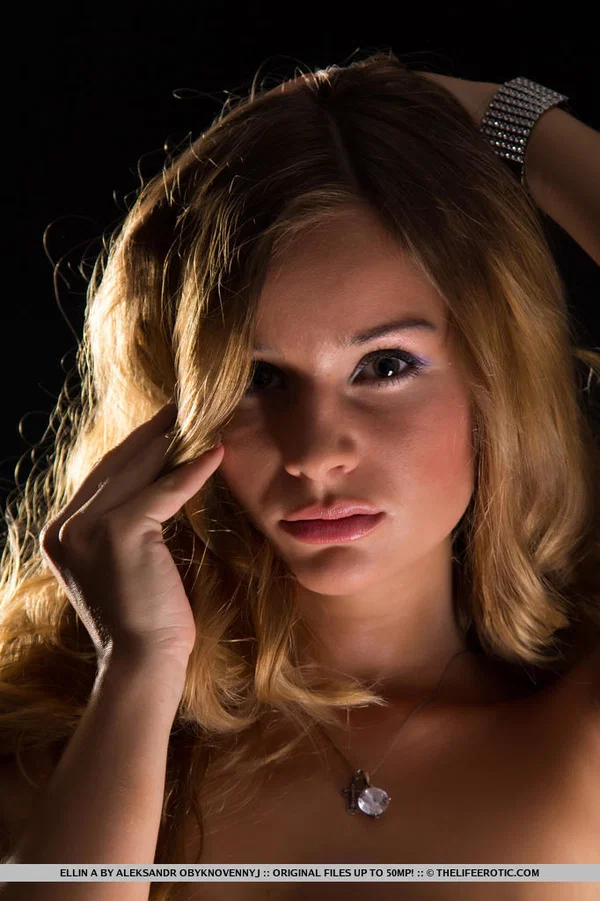 Blond glamour model Ellin A works clear of a dress in a dark room  - Big Tits, Glamour, European, Babe, Shaved, Skirt, Clothed, Face, Feet, Upskirt  - Photo 1