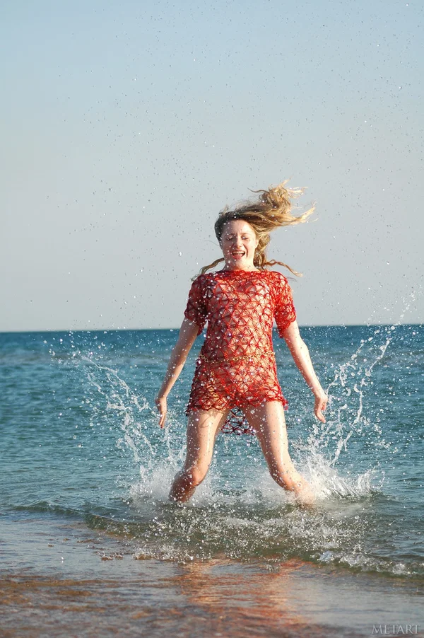 Young girl plays in the surf before getting totally naked in a gold thong  - Beach, Teen, Cute, Outdoor, Wet, Pussy, Tiny Tits, Babe, Upskirt, Shaved  - Photo 4