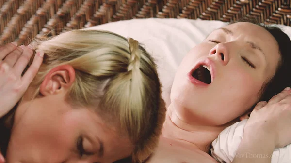 Young lesbians go barefoot while engaging in sex acts on top of a bed  - Lesbian, Teen, Pussy Licking, Pussy, Skirt, Ass, Close Up, Fingering, Kissing, Feet  - Photo 15