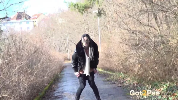 Brunette chick Shalina Shine gets caught taking a piss upon wet pavement  - Pissing, Public, Boots, Close Up, Outdoor, Glasses, Pussy, Tattoo, Babe, Beautiful  - Photo 14