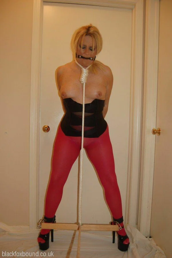 Blonde chick displays her boobs while ball gagged and restrained in pantyhose  - Lingerie, MILF, BDSM, Pantyhose, Amateur, Big Tits, Bondage, Spreading, High Heels, Blonde  - Photo 2