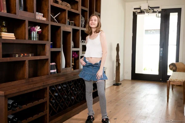 Skinny teen in a denim skirt shows her titties and gives a blowjob  - Teen, Undressing, Cumshot, Blowjob, Natural Tits, Handjob, Facial, Stockings, Skirt, POV  - Photo 4