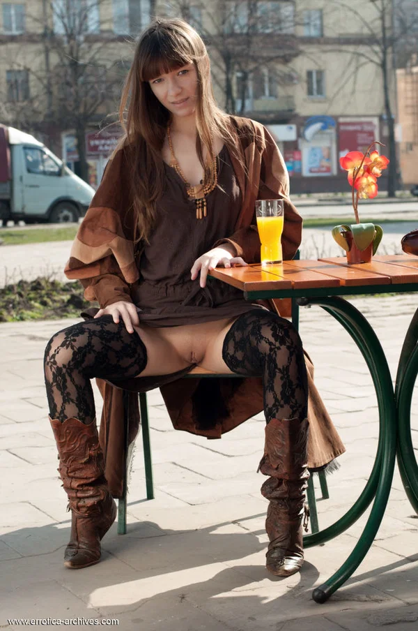 Long haired teen Red Eva exposes her tits and twat in a public square  - Public, Spreading, Shaved, Boots, Outdoor, Tiny Tits, Stockings, Teen, Redhead, Brunette  - Photo 3