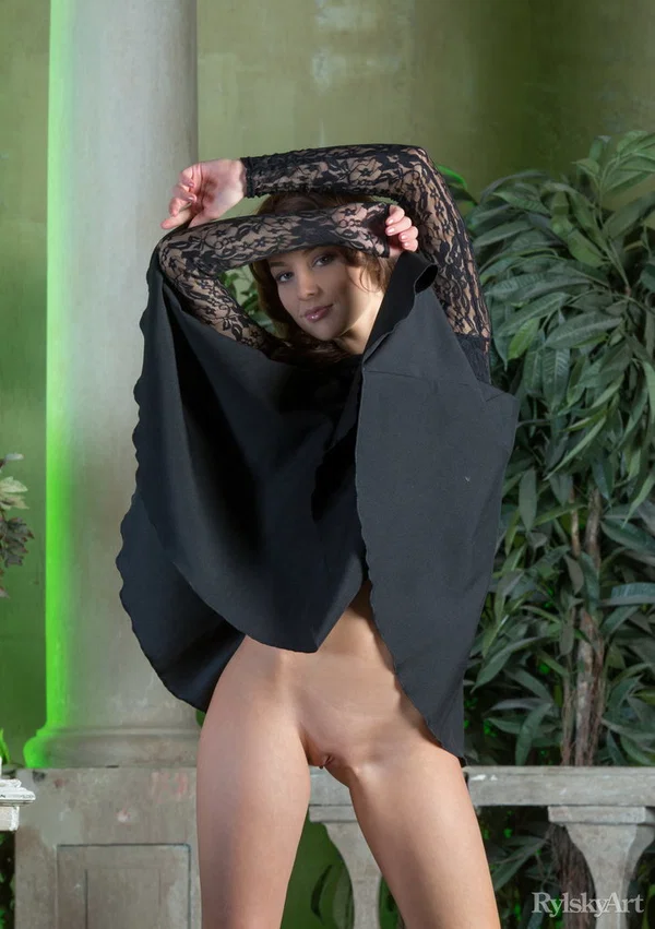 Sweet teen Nikia doffs a pretty dress to model naked in black heels  - Glamour, Model, Skirt, Clothed, Teen, High Heels, Legs, Brunette, Face, Upskirt  - Photo 6
