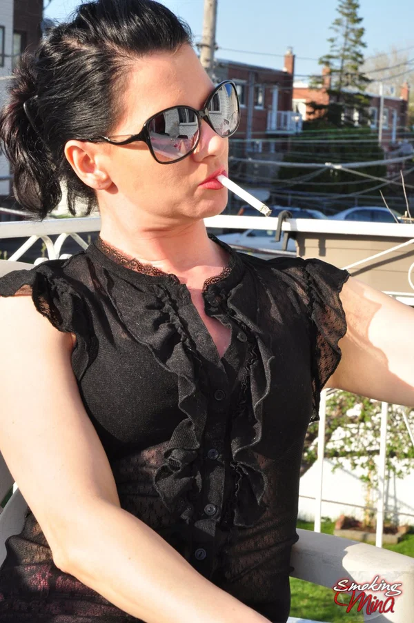Fully clothed brunette woman smokes and drinks on patio in sunglasses  - Smoking, Non Nude, Fetish, Glasses, Brunette  - Photo 10