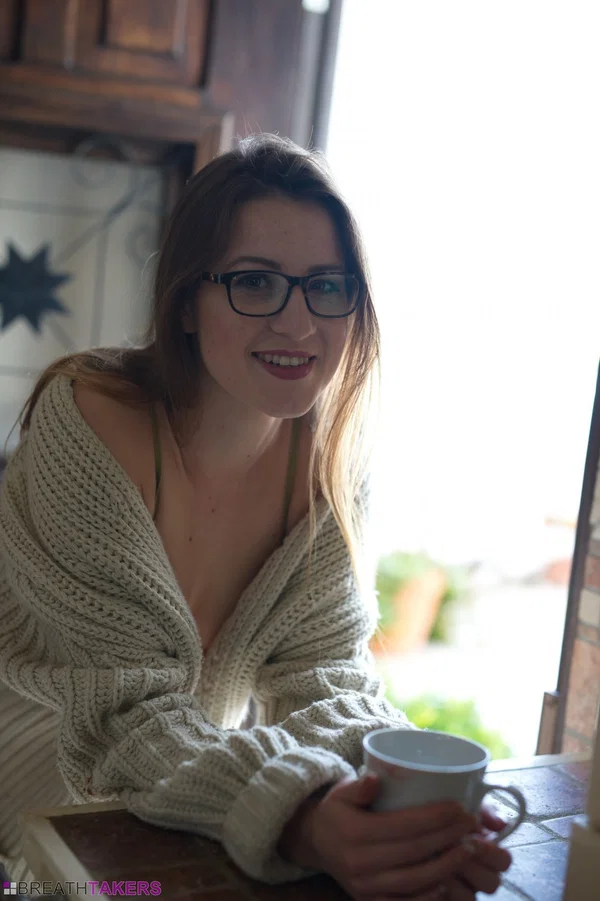 British model Scarlot Rose bares her boobs in glasses over breakfast  - Glasses, Clothed, Lingerie, Redhead, Model, Solo, Big Tits, Natural Tits, Kitchen, Babe  - Photo 8