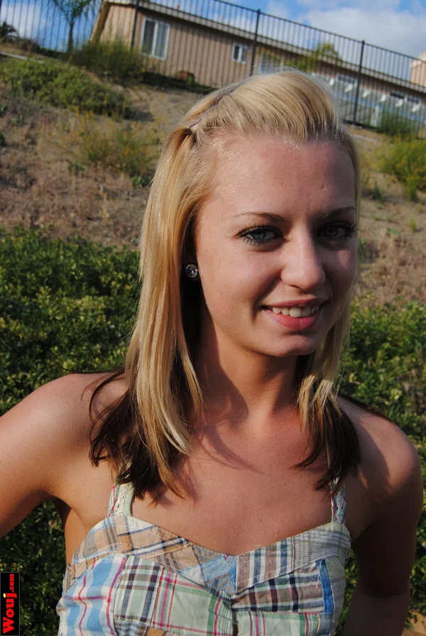 Blonde amateur WouJ in a short skirt flashes her hot ass on a hillside  - Beautiful, Amateur, Babe, Solo  - Photo 1