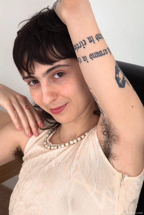 Inked solo girl proudly displays her hairy underarms and vagina  - Hairy, Amateur, Pussy, Spreading, Tattoo, Close Up, Babe, Ass, Clothed, Brunette  - Photo 1