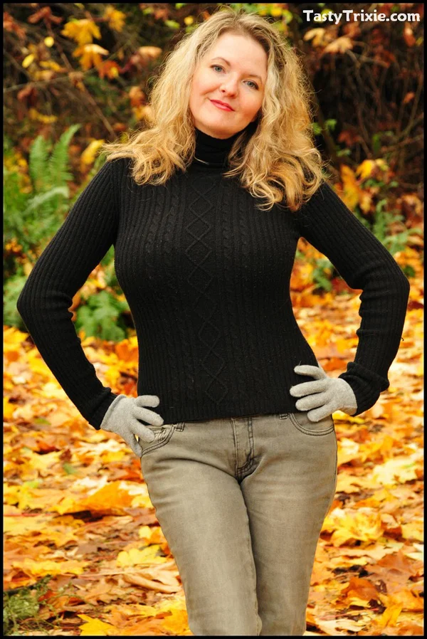 Mature woman Tasty Trixie exposes tits and panties amid fallen leaves  - Mature, Outdoor, Non Nude, MILF, Amateur, Panties, Blonde, Ass, Big Tits, Close Up  - Photo 2