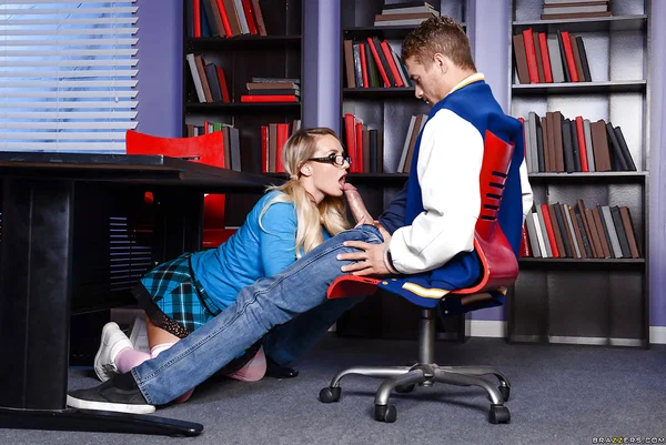 Big boobed blond student Cali Carter having sex in the library wearing glasses  - Glasses, Office, Big Tits, Clothed, Stockings, Hardcore, Tattoo, Blowjob, Shaved, Reality  - Photo 4