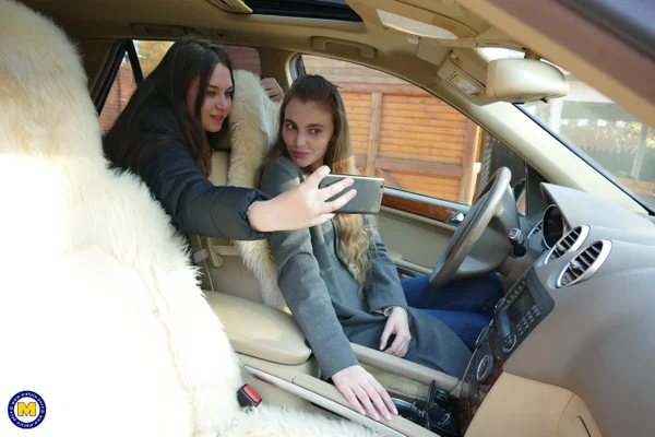Long haired European lovers take a selfie in the car before lesbian sex action  - Selfie, Outdoor, Lesbian, Teen, Reality, Clothed, European, Amateur, Cute  - Photo 8