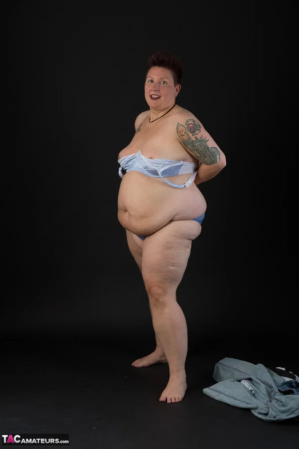 Fat amateur Tattoo Girl cups her boobs after taking off her clothes  - BBW, Mature, Amateur, Tattoo, Lingerie, Jeans, Panties, Brunette, Chubby, Short Hair  - Photo 13
