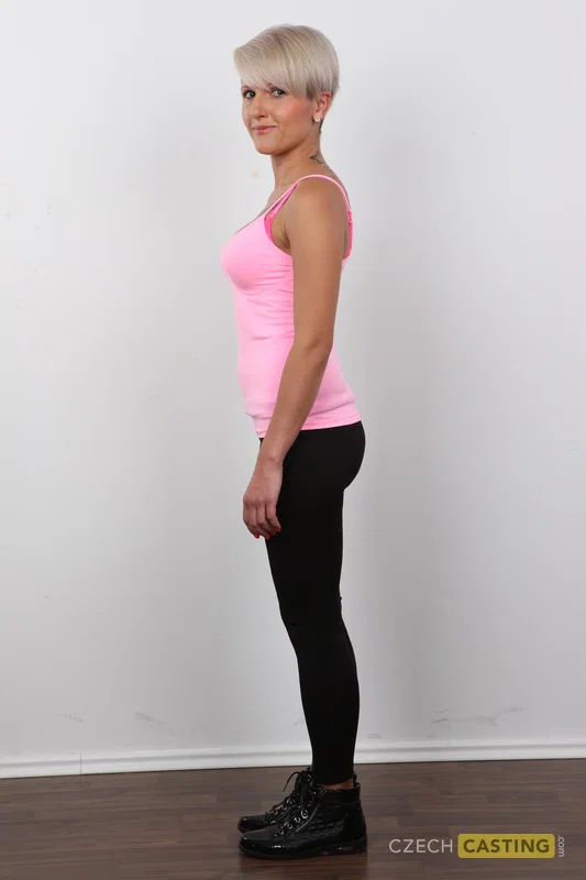 First timer with short blonde hair strips to stand naked on a wooden floor  - Ass, Casting, Close Up, Czech, Amateur, Nipples, Yoga Pants, Lingerie, Panties, Shaved  - Photo 2