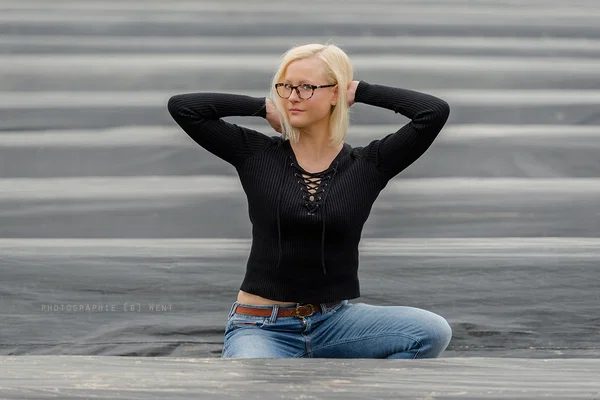 Sweet blonde babe Maria Braun posing in her gorgeous outfit outdoors  - Jeans, Short Hair, Clothed, Outdoor, Beautiful, Babe, Non Nude, Blonde, Glasses, Solo  - Photo 1