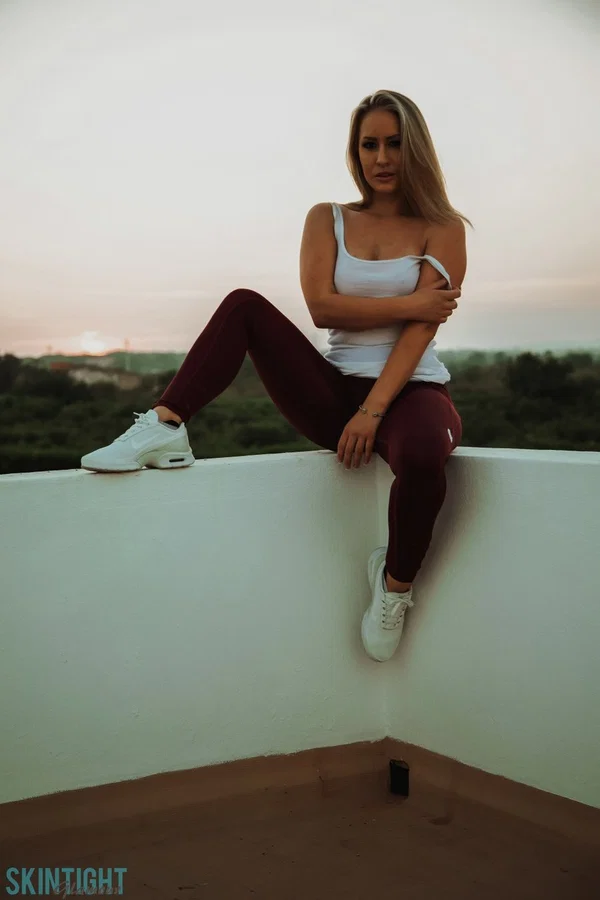 Blonde chick Candice Collyer doffs black leggings to get naked on a balcony  - MILF, Yoga Pants, Outdoor, Big Tits, Clothed, Natural Tits, Panties, Beautiful, Blonde, Ass  - Photo 1