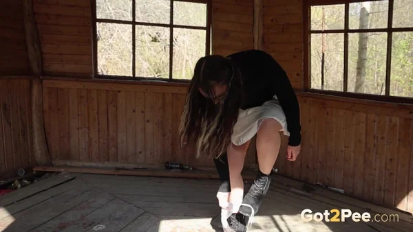 Brunette girl Violet Rilz takes a badly needed piss inside a derelict building  - Pissing, Curvy, Chubby, Thick, BBW, Close Up, Shaved, Ass, Outdoor, Skirt  - Photo 4