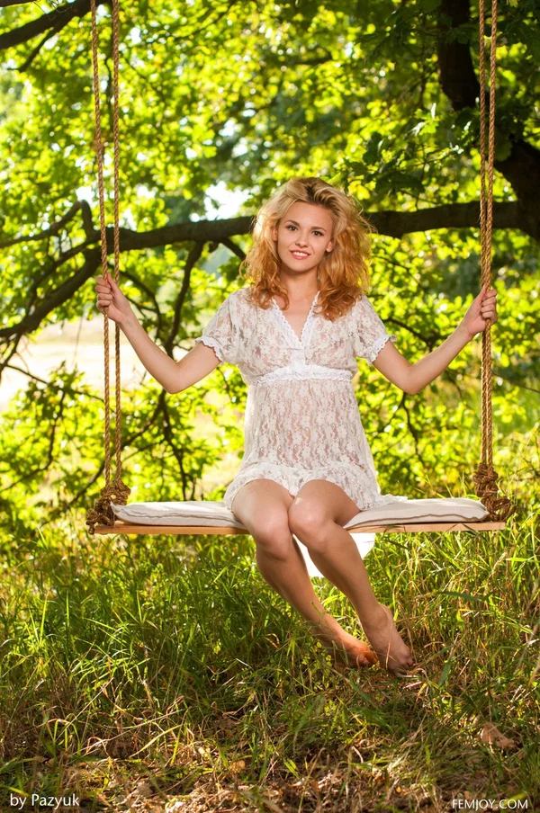 Beautiful blonde exposes her round ass & her firm twits while swinging outside  - Hairy, Amateur, Outdoor, Tiny Tits, Dress, Pussy, Beautiful, Curly, Ass, Blonde  - Photo 1