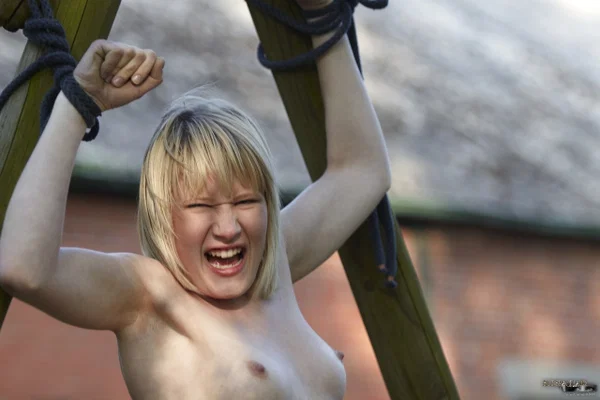 Amateur blonde Liana and her friend get tied up and punished by a dom  - Bondage, BDSM, Blonde, Tiny Tits, Pussy, Outdoor, High Heels, Short Hair, Skinny  - Photo 20