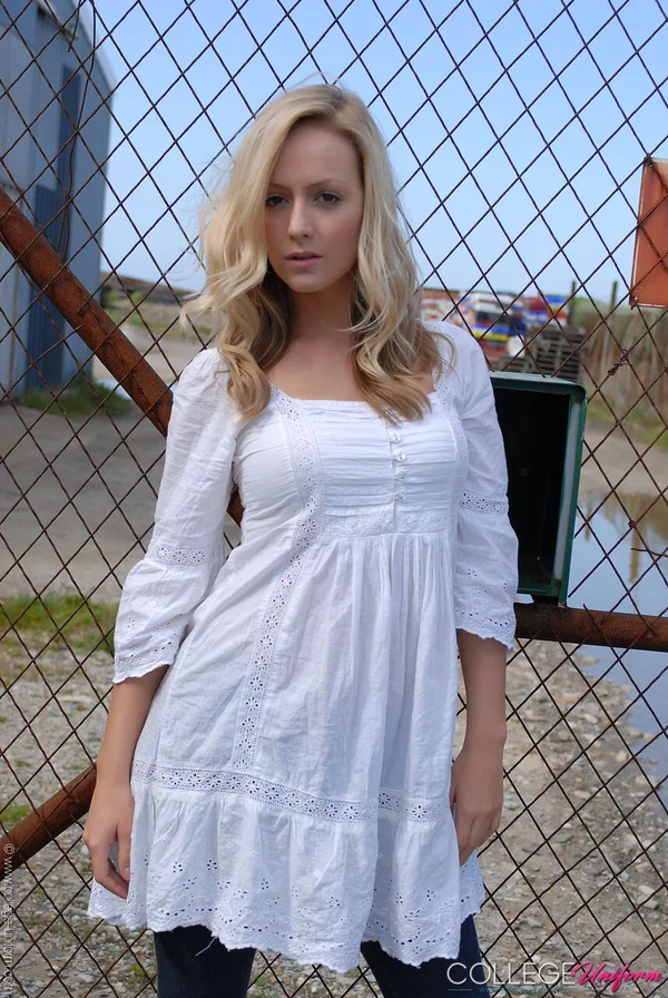 Cute blonde babe Alana Chase posing in her gorgeous outfit outdoors  - College, Schoolgirl, Uniform  - Photo 13