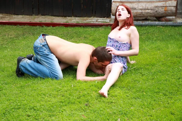 Redheaded teen and her boyfriend have sex on the back lawn  - Redhead, Doggy Style, Outdoor, Kissing, Pussy Licking, Ass Fucking, Hardcore, Amateur, Reality, Blowjob  - Photo 8