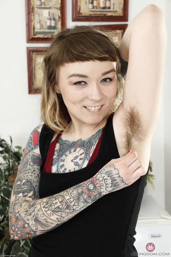 Heavily tattooed amateur Felicia Fisher reveals her hairy cunt and asshole  - Amateur, Blonde, Pussy, Non Nude, Spreading  - Photo 1