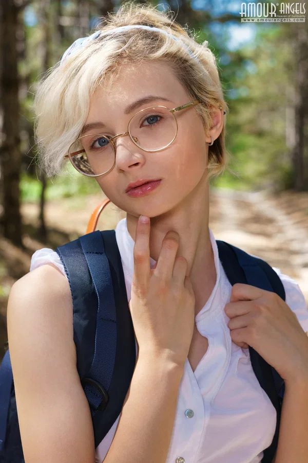 Young looking girl Azshara strips off school clothes on a dirt road in woods  - Schoolgirl, Beautiful, Short Hair, Glasses, Teen, Amateur, Blonde, Clothed, Outdoor, Upskirt  - Photo 14