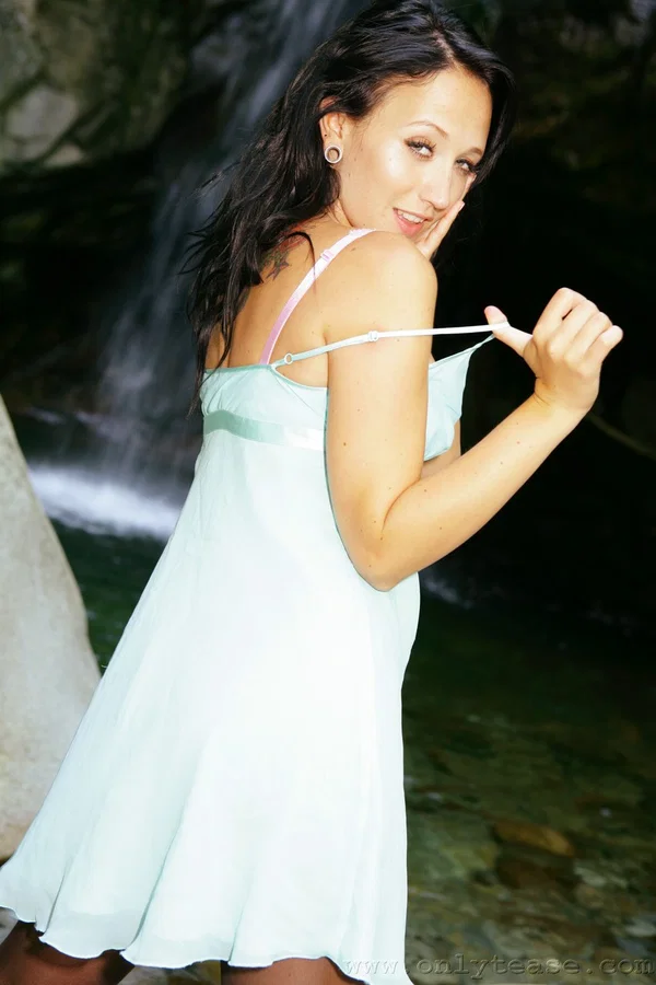 Solo girl works her great body free of a light dress by a waterfall  - Pantyhose, Beautiful, Babe, Lingerie, Outdoor, Clothed, Non Nude, Undressing, Solo, Panties  - Photo 9