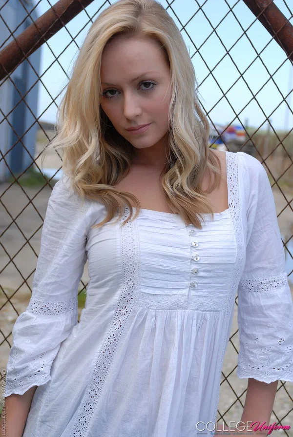 Cute blonde babe Alana Chase posing in her gorgeous outfit outdoors  - College, Schoolgirl, Uniform  - Photo 11