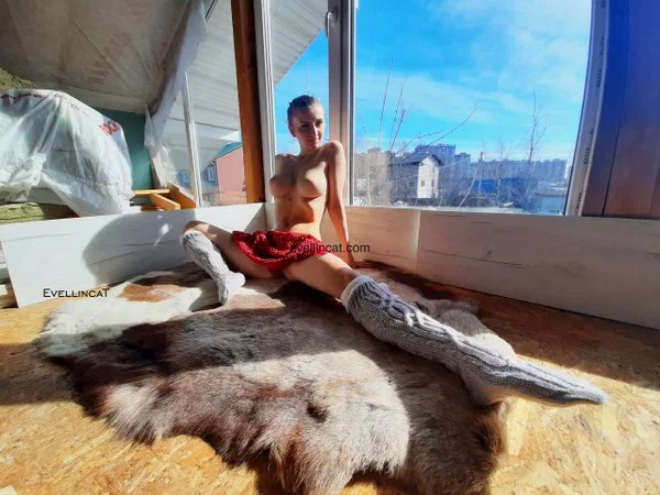 Beautiful leggy amateur babe Evellin Cat poses in her wool socks by the window  - Big Tits, Socks, Russian, Outdoor, Teen, Spreading, Solo, Skinny, Cute, Sexy  - Photo 5