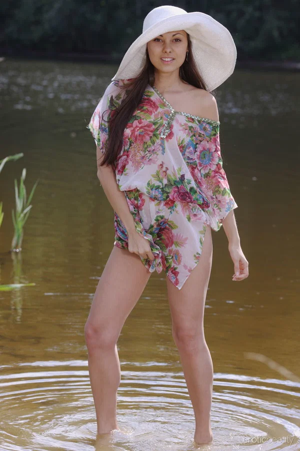 Charming young girl Sila gets naked in a marshy pond while wearing a sun hat  - Hairy, Outdoor, Beautiful, Solo, Tiny Tits, PAWG, Ass, European, Babe, Cute  - Photo 5