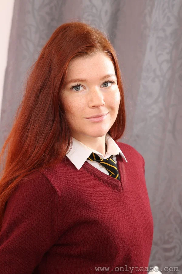 Redhead teen Mia S doffs her school uniform and poses topless in her dorm room  - Pantyhose, Redhead, Clothed, Non Nude, Beautiful, Undressing, Uniform, PAWG, Legs, Skirt  - Photo 1