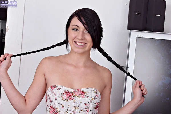 Amateur model Megan Piper displays her bald pussy in braided pigtails  - Amateur, Babe, Ass, Big Tits, Brunette, Spreading, Shaved, Pussy, Clothed, Panties  - Photo 2